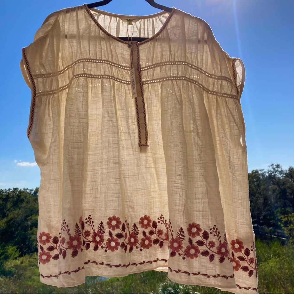 NWT BLOUSE MAX STUDIO Cream with Pink Embroidery/Retro Vintage Style SZ: L - Picture 4 of 13